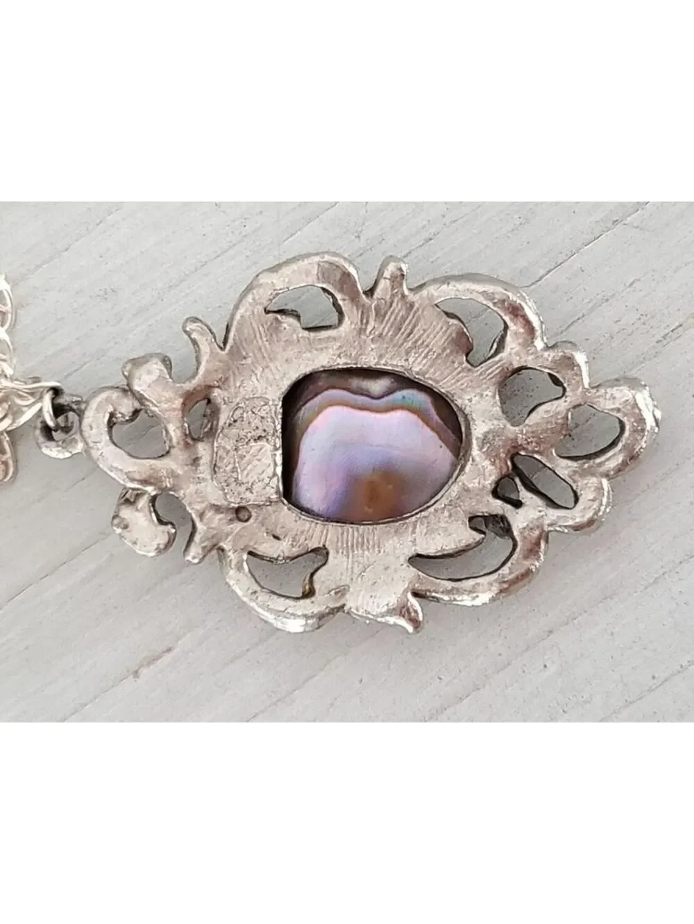 Vintage Sterling Silver Abalone Shell Scroll Pendant with Chain Necklace